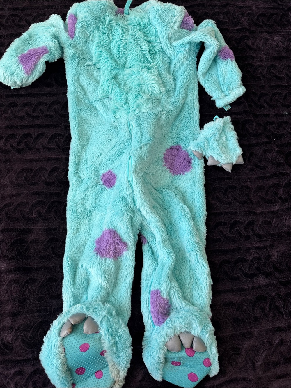 Kids Plush Monster One-Piece Romper - Aqua with Purple Spots